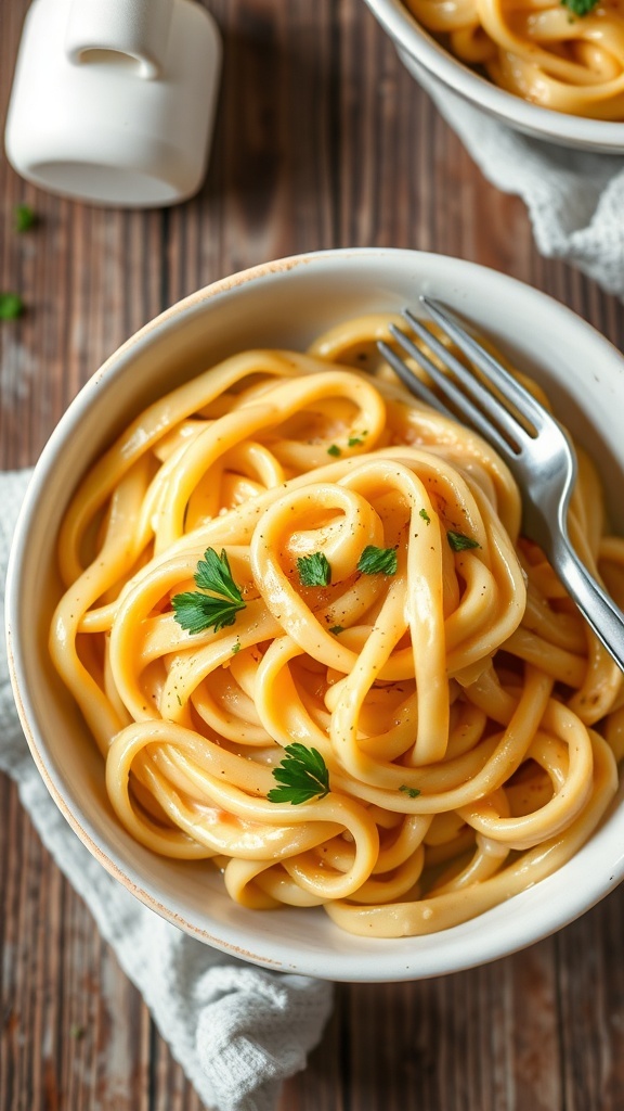Creamy Parmesan Egg Noodles Recipe A bowl of creamy parmesan egg noodles garnished with parsley on a wooden table.